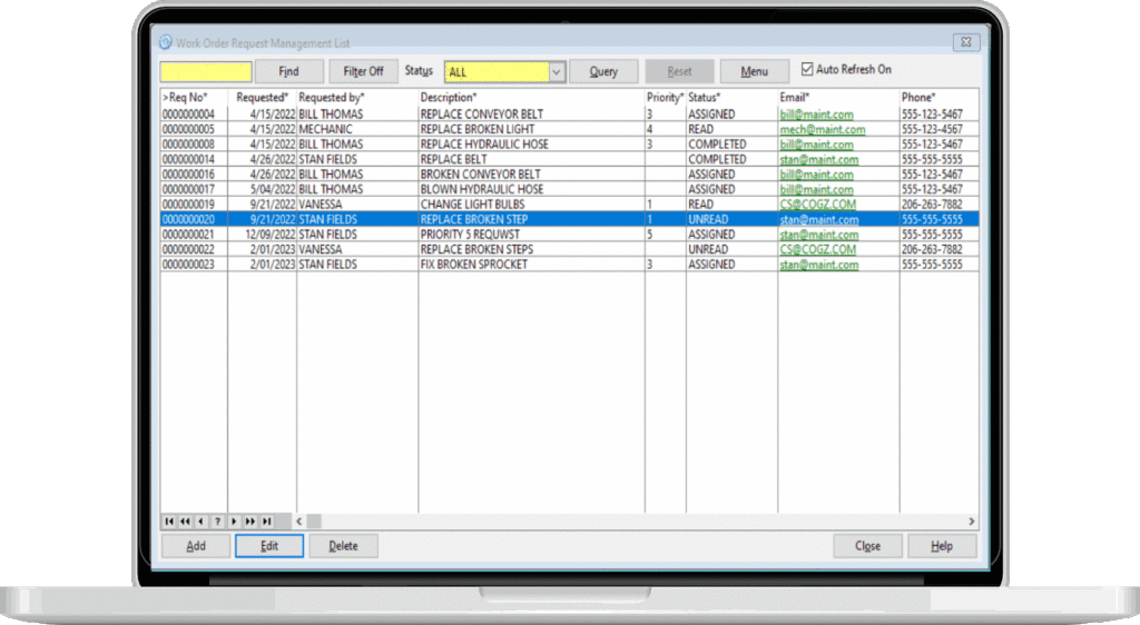 laptop WOR work order request module from preventive maintenance software