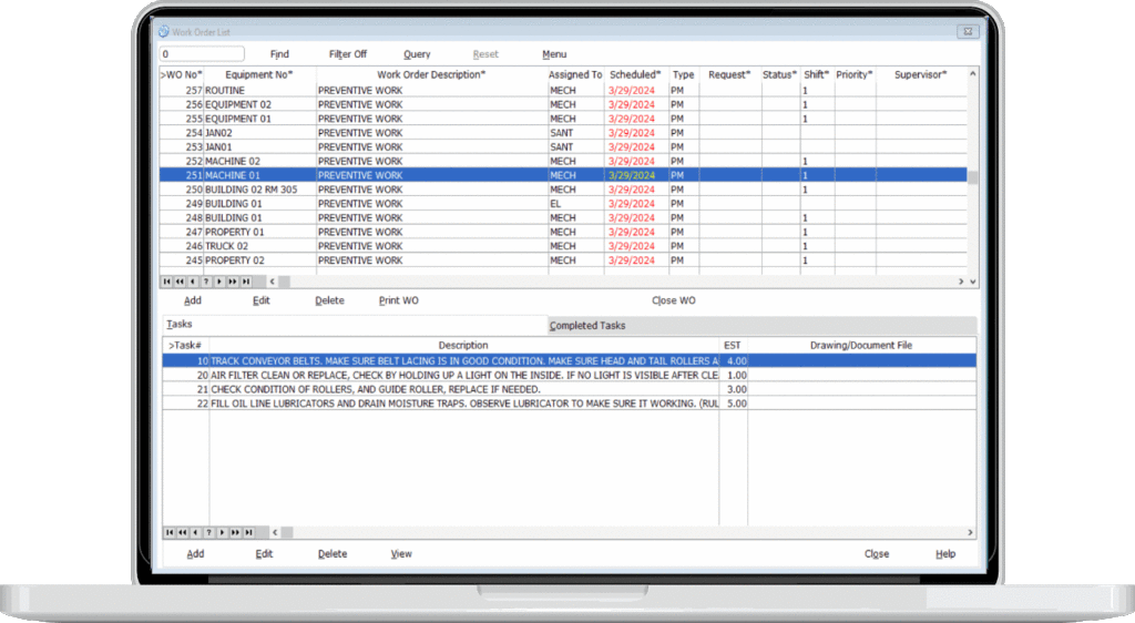 maintenance scheduling and planning screen with work order list