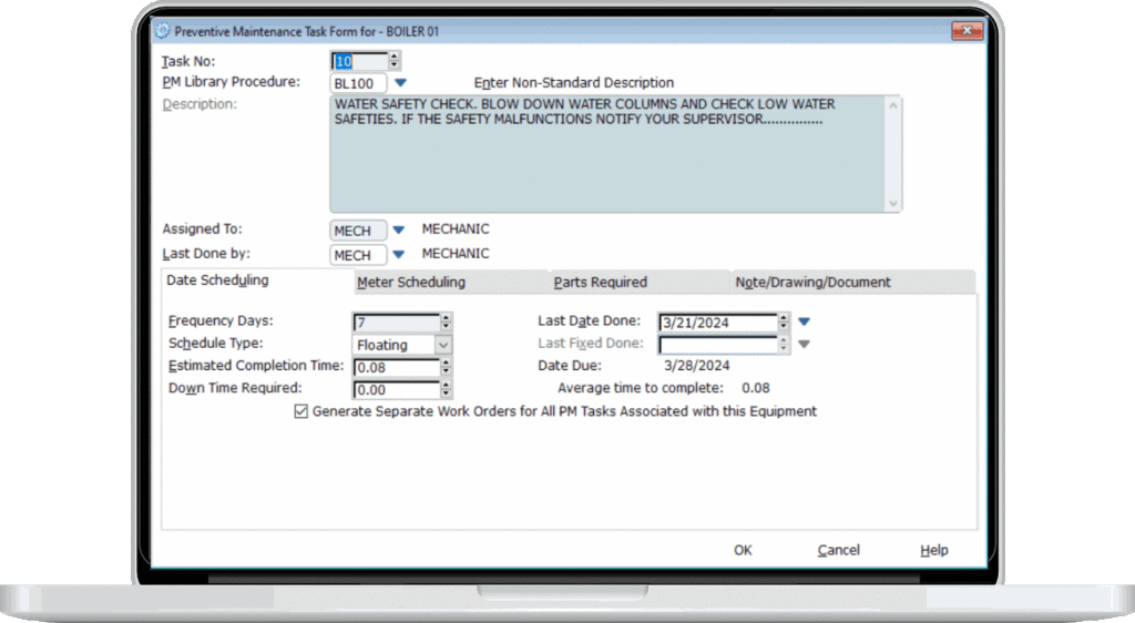 PM Task form from Maintenance Management Software