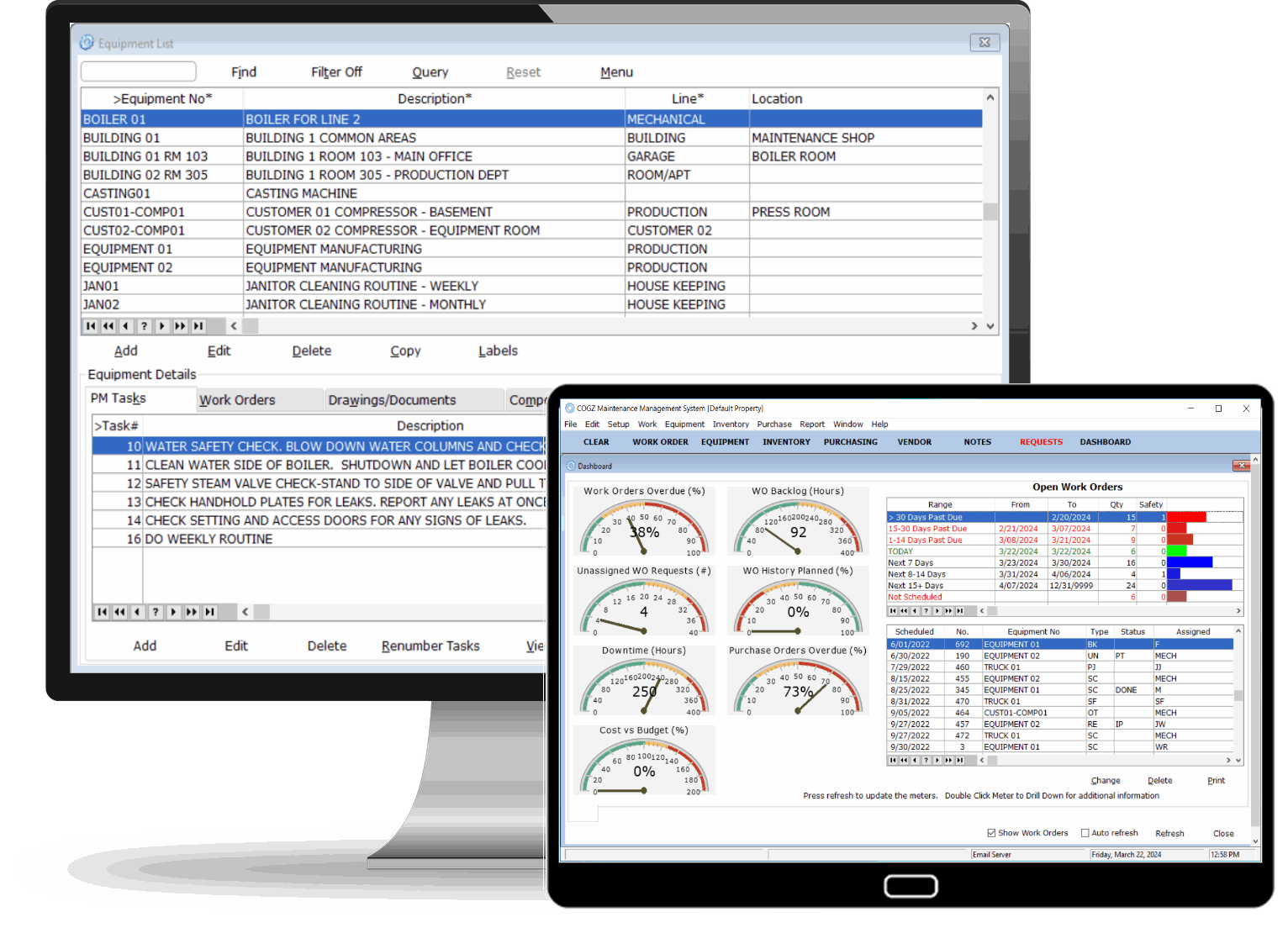 Work Order Reminder screen from Maintenance Management Software on tablet