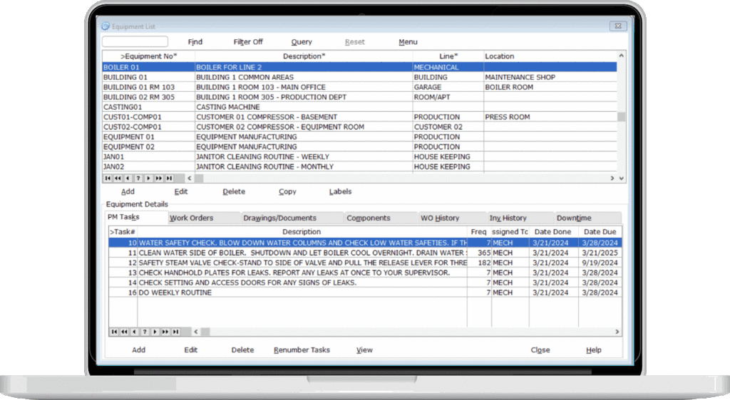 equipment list from equipment maintenance software