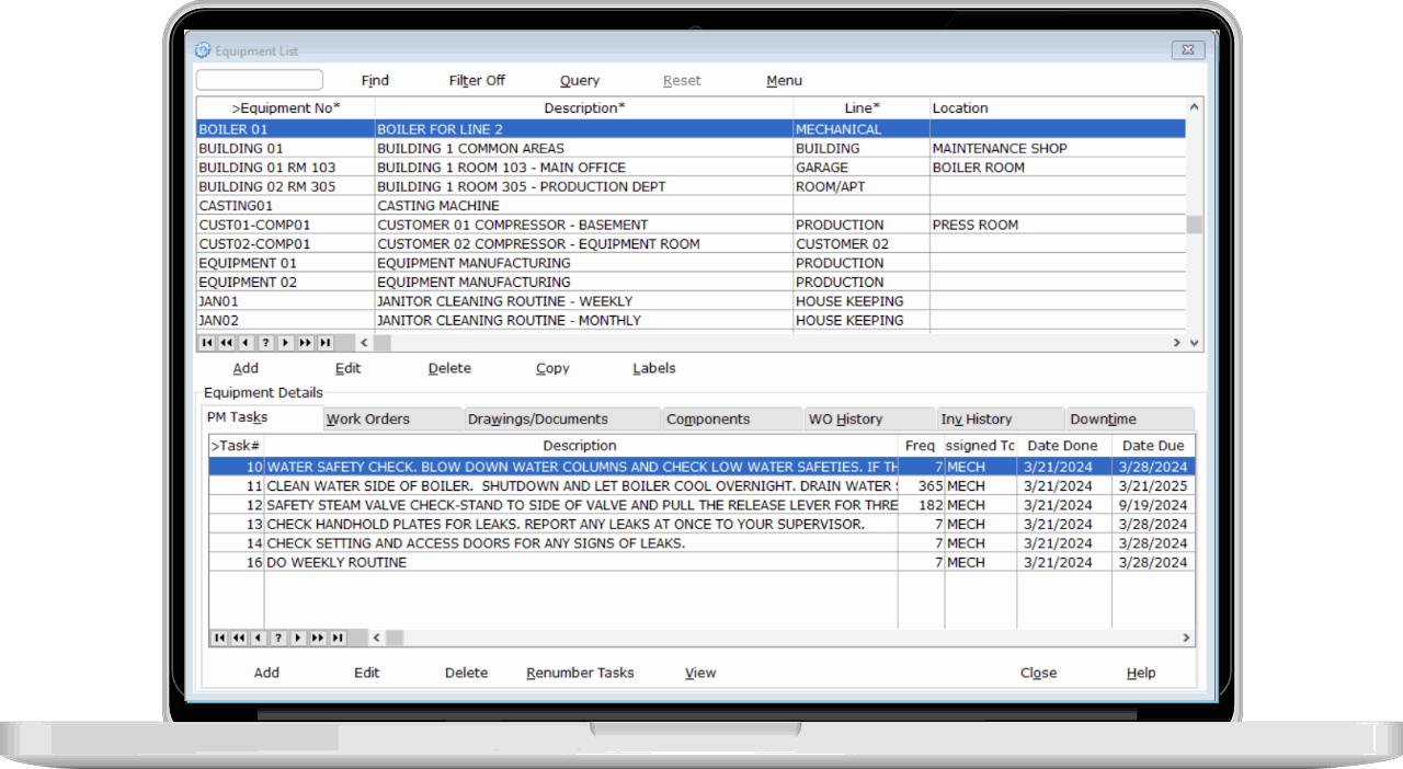 Equipment List screen from COGZ CMMS