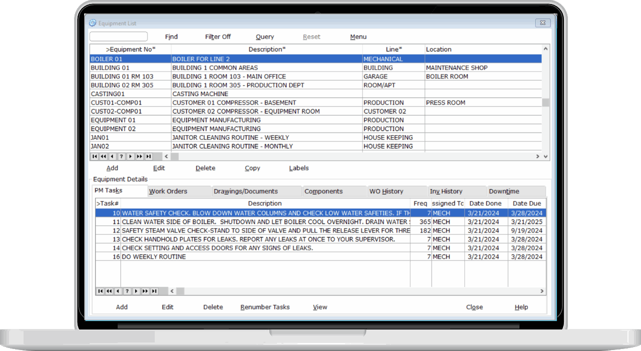 equipment list from preventive maintenance software system on laptop